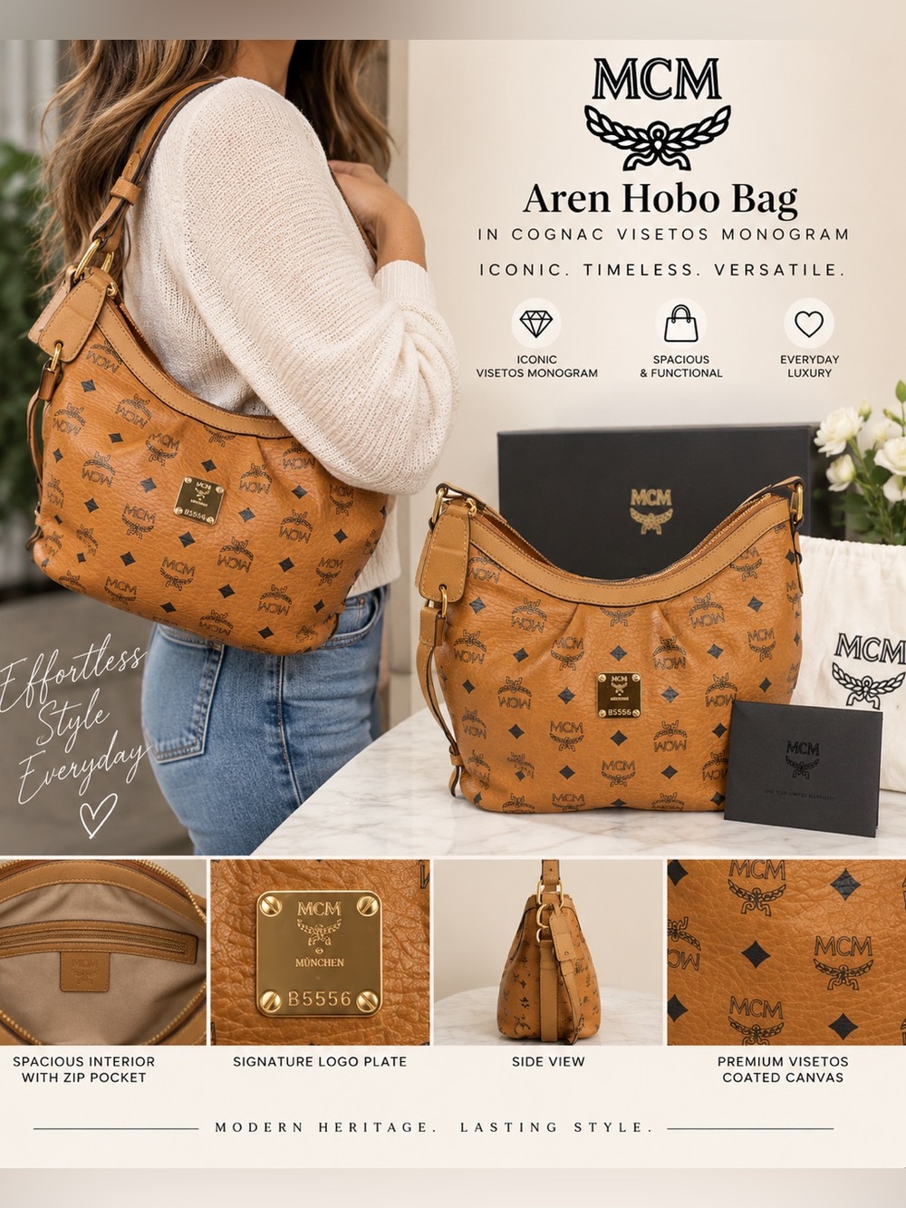 MCM Aren Hobo Cognac Visetos – Excellent Condition – Full Set